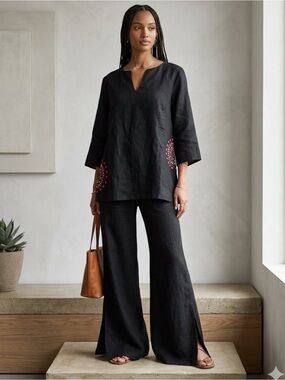 Sara Isabella Irish Linen Tunic Top Black Embroidered Boho Artsy V-Neck Sz 20